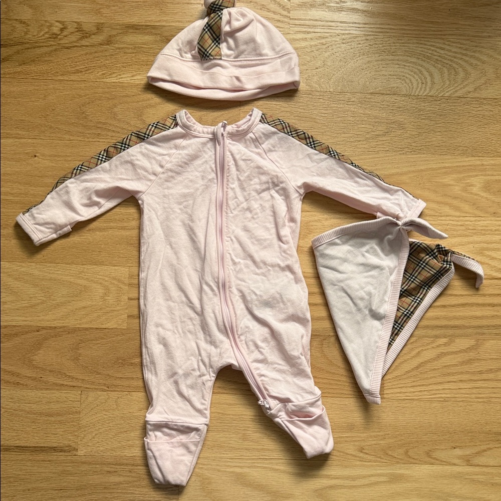 Burberry Pink Plaid Trim Kids One Piece Set With Hat and Bib